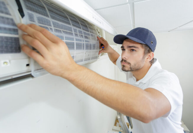 portrait of mid-adult male technician repairing air conditioner